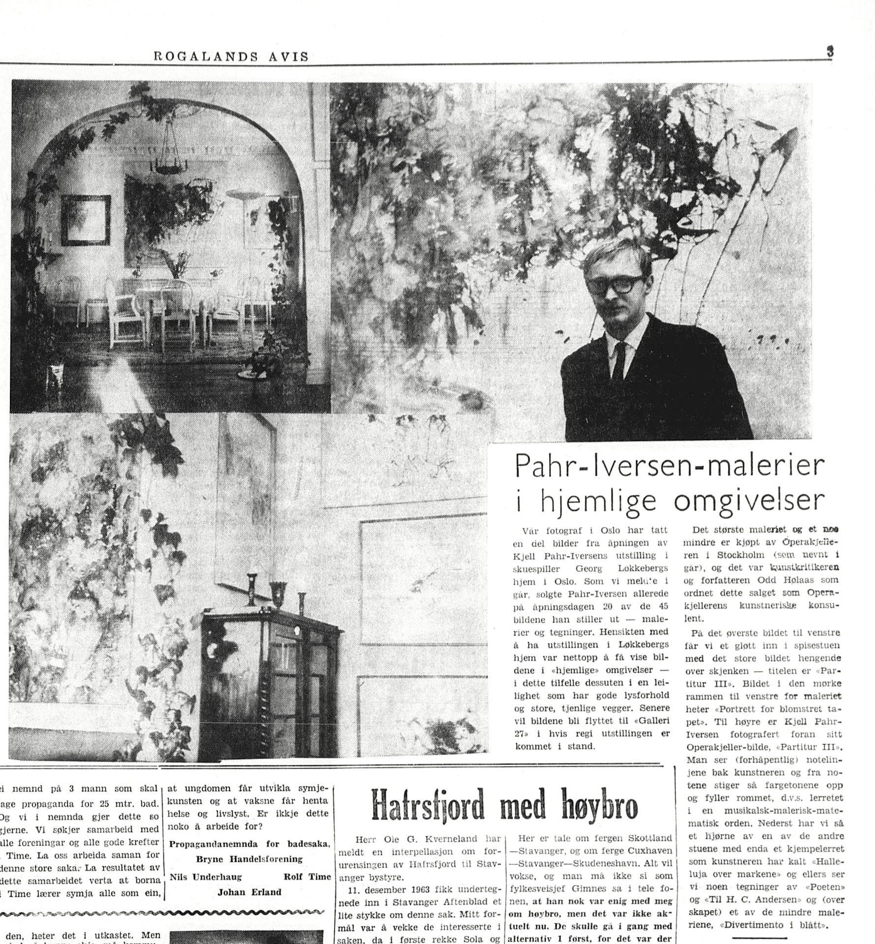 Pahr-Iversen stilte ut i Georg Løkkebergs hjem før hans første separatutstilling i Oslo (Galleri 27), februar-mars 1965. Ett av bildene fra serien Partitur, som har tydelig samklang med Sam Francis sin kunst fra parisårene, kan man se hos O.Væring - se ovaering.no. Rogalands Avis 23.02.1965 Nasjonalbiblioteket Public domain