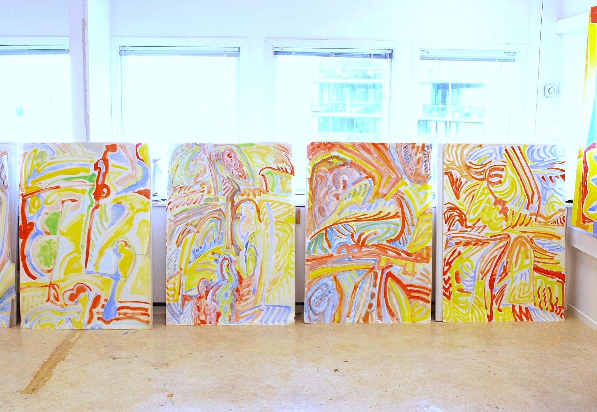 Kjell Pahr-Iversen Pastoraler 126x90, overmalte og fornyede 1973/2025 Akryl på papir. Disse fremstår nærmest som visuelle Capriser. Pahr-Iversen har i det siste fattet stor interesse for pastoraleserien og også krittserien Portene åpner seg, og for tiden jobber han med å fornye flere av disse. I kunstnerens eie © foto Ådne Njå