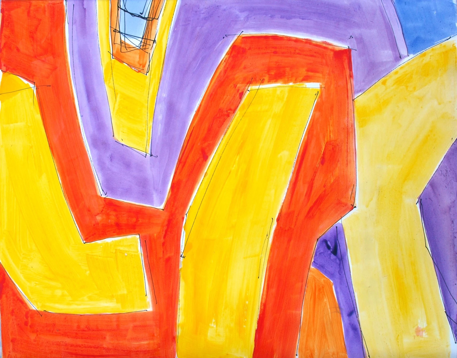 Pahr-Iversens glassmalerier og murals minner ofte om gatekunst. Utkast til glassmaleri, Gasco 2004 