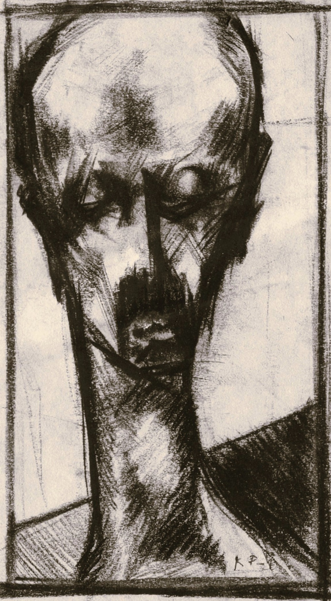 Kjell Pahr-Iversen Ansikt 1959-60, 14x8 Fettstift. Opprinnelig tenkt som forarbeid til trestikk, men endte som selvstendig kunstverk.