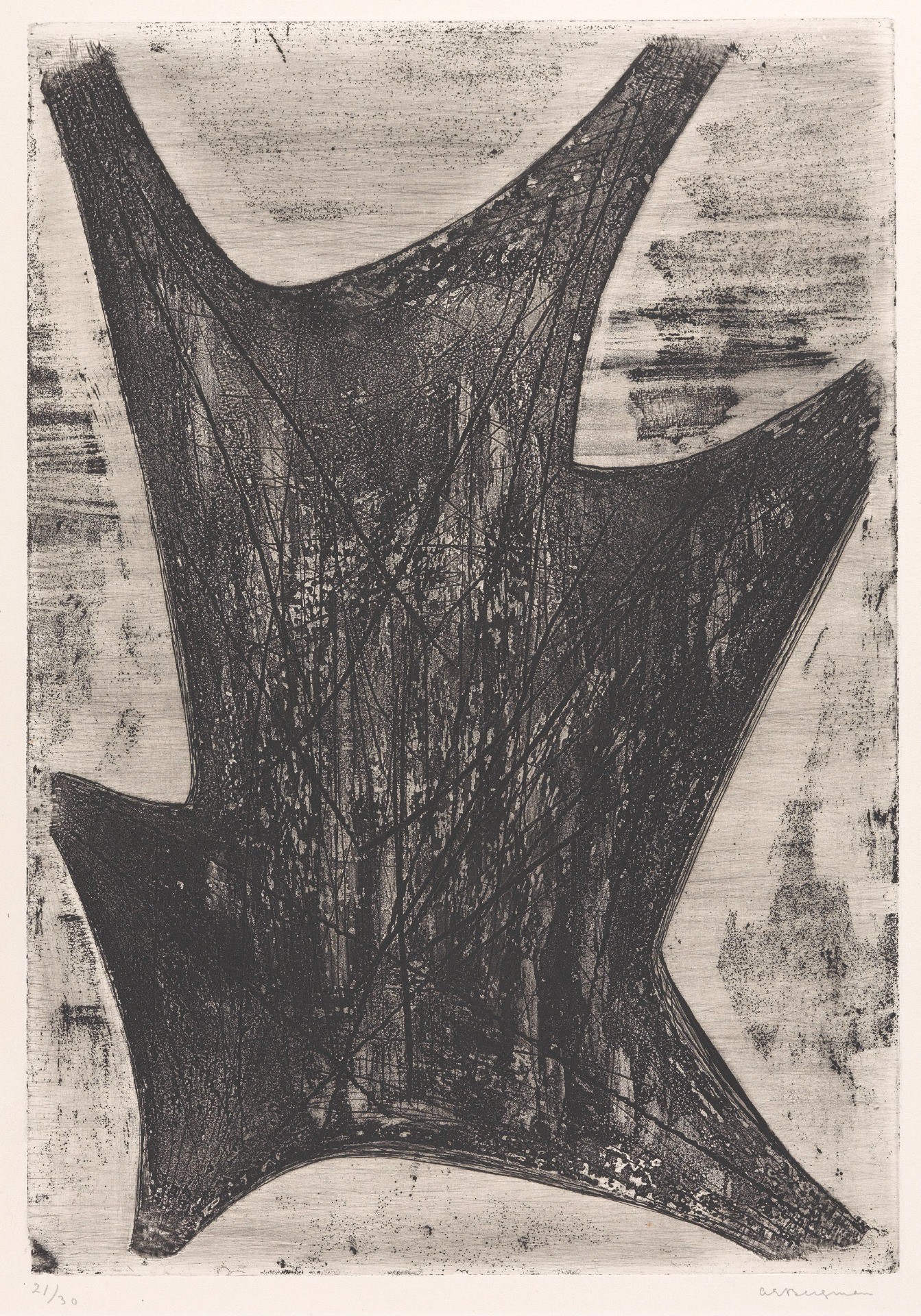 Anna-Eva Bergman Tre 1955 49,7 x 34,5 Etsing © Anna-Eva Bergmann / BONO Foto: Therese Husby / Nasjonalmuseet